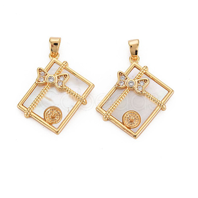 Brass Micro Pave Clear Cubic Zirconia Peg Bails with Natural Freshwater Shell Pendants KK-S356-636-NF-1