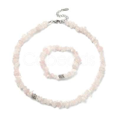 Natural Rose Quartz Chips Beaded Necklace & Stretc Bracelet SJEW-JS01281-02-1