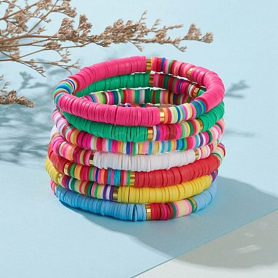 7Pcs Rainbow Polymer Clay Heishi Beads Stretch Bracelets Set X-BJEW-JB05882-1