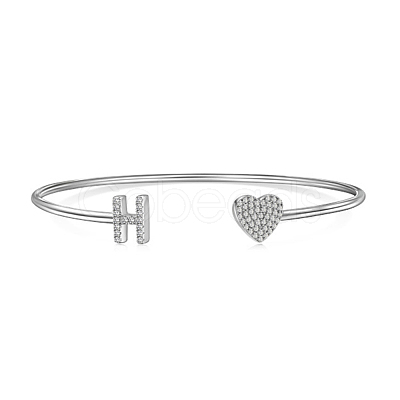 Anti-Tarnish Heart & Letter Rhodium Plated 925 Sterling Silver Micro Pave Cubic Zirconia Cuff Bangles for Women BJEW-C062-01H-P-1