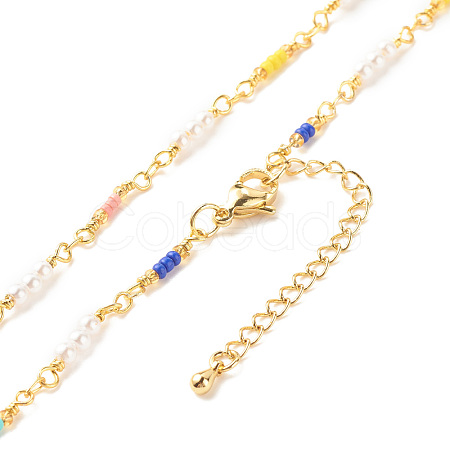 Imitation Pearl & Glass Seed Beaded Chain Necklace for Women NJEW-JN03807-1