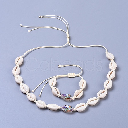 Adjustable Cowrie Shell Beaded Necklace and Bracelets Jewelry Sets SJEW-JS01019-01-1