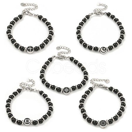 304 Stainless Steel & Glass Round Beaded Bracelets for Women BJEW-G717-11-1