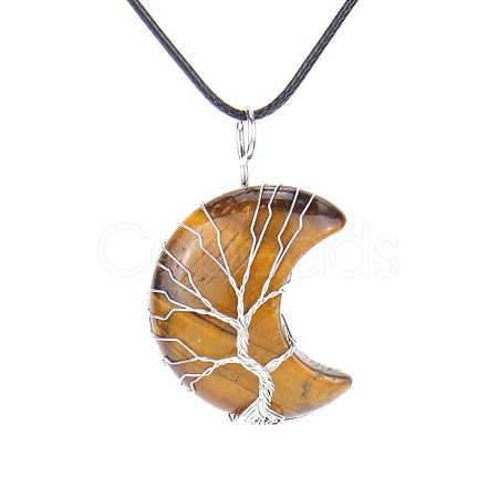 Natural Tiger Eye Crescent Moon Pendant Necklaces PW-WG70010-08-1