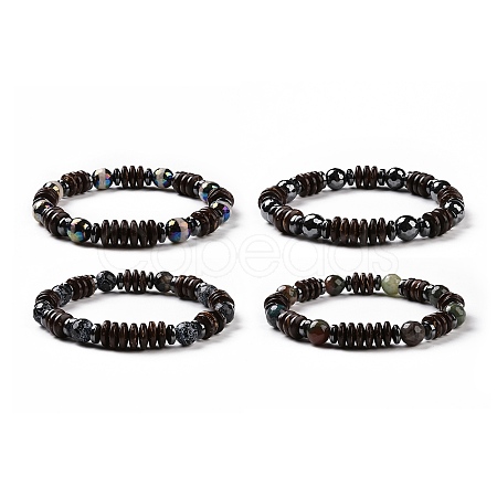 4Pcs Natural Crackle Agate & Indian Agate & Natural Agate & Synthetic Hematite and Coconut Beads Stretch Bracelets Set for Women Men BJEW-JB08937-1