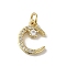 Real 18K Gold Plated Brass Pave Cubic Zirconia Pendants, with Jump Rings, Moon, Clear, 13.5x10x3mm, Hole: 3mm