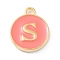 Golden Plated Alloy Enamel Charms, Enamelled Sequins, Flat Round with Alphabet, Letter.S, Hot Pink, 14x12x2mm, Hole: 1.5mm