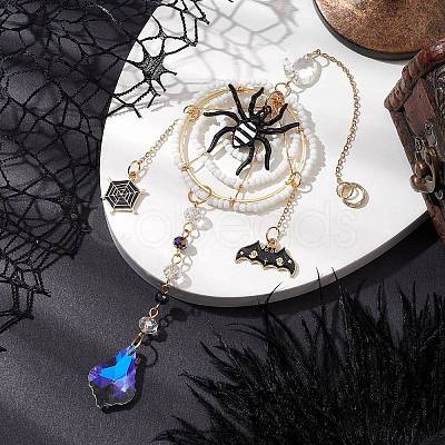 Halloween Wire Wrapped Glass Beads & Alloy Enamel Spider Hanging Ornaments HJEW-TA00205-1