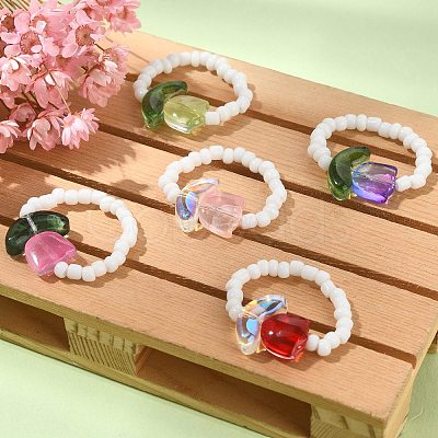 Tulip Flower Glass & Seed Beaded Stretch Rings RJEW-TA00080-1