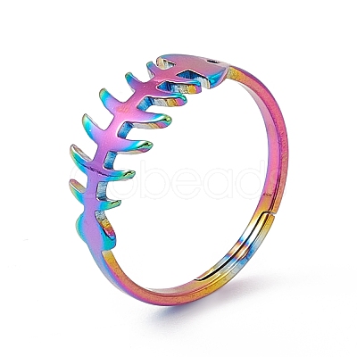 Ion Plating(IP) 201 Stainless Steel Fishbone Adjustable Ring for Women RJEW-K238-12M-1