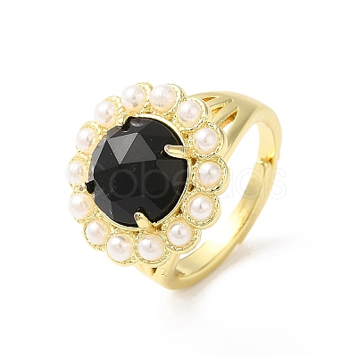 Ion Plating(IP) Natural Mixed Gemstone Flower Adjustable Ring with Plastic Pearl Beaded RJEW-E075-02G-1