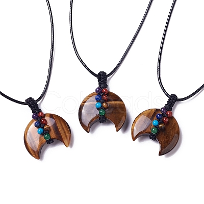 Adjustable Natural Tiger Eye Double Horn Pendant Necklace with Wax Cord for Women NJEW-B086-01E-1