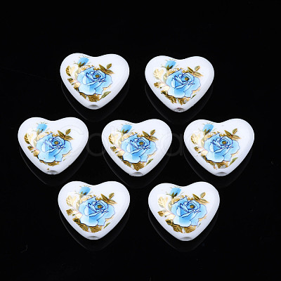 Flower Printed Opaque Acrylic Heart Beads SACR-S305-28-F02-1