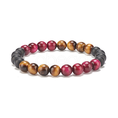 Natural Tiger Eye & Black Agate Round Beaded Stretch Bracelet BJEW-SZ0002-52C-1