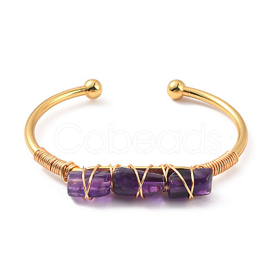 Natural Amethyst Triple Column Beaded Open Cuff Bangle BJEW-E377-01G-03-1