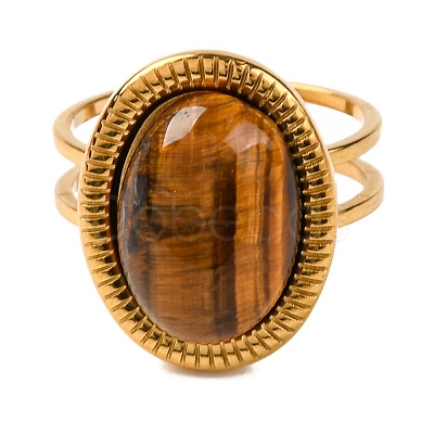 Oval Natural Tiger Eye Finger Rings RJEW-Q822-05G-1