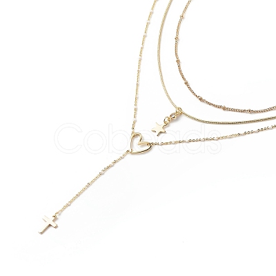 3Pcs 3 Style Brass Star & Heart & Cross Pendant Necklaces Set with Satellite Chains NJEW-JN04074-1