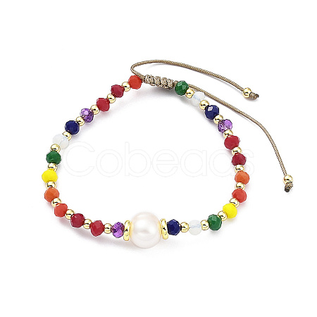 Adjustable Natural Pearl & Glass & Brass Braided Beaded Bracelet for Women BJEW-O187-05-1