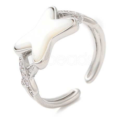 Natural Shell Criss Cross Open Cuff Ring with Cubic Zirconia RJEW-G288-05P-1