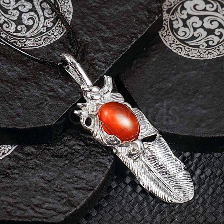 Vintage Natural Carnelian Alloy Feather Pendant Necklace for Women Men AO2435-3-1