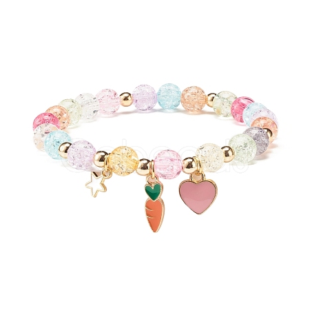 Candy Color Round Beaded Stretch Bracelet with Heart Star Carrot Charm for Women BJEW-JB07636-03-1