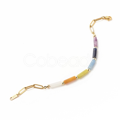 Natural Mixed Gemstone Curved Tube Beaded Bracelet with 304 Stainless Steel Paperclip Chains BJEW-JB08128-1