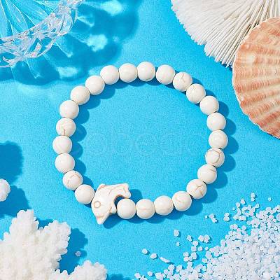 Synthetic Turquoise Dolphin Beads with Synthetic Turquoise Beaded Stretch Bracelets BJEW-JB10213-04-1