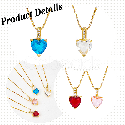 ANATTASOUL 4Pcs 4 Colors Cubic Zirconia Heart Pendant Necklaces Set with Golden Brass Box Chains NJEW-AN0001-78-1