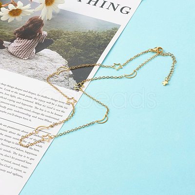 304 Stainless Steel Moon & Star Link Chains Necklace NJEW-JN03592-1