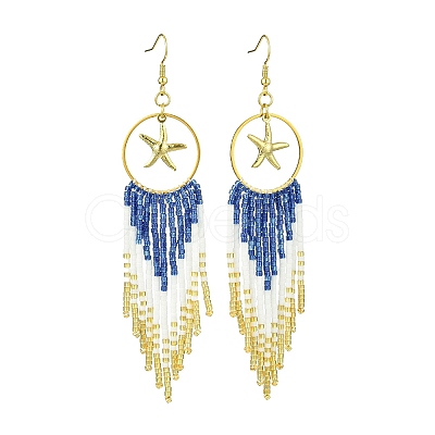 Ring with Starfish Tassel Glass Seed with Brass Dangle Earrings EJEW-MZ00145-1