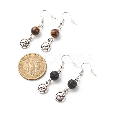 2Pair 2 Style Natural Lava Rock & Tiger Eye with Yin Yang Long Dangle Earrings EJEW-JE04962-01-1