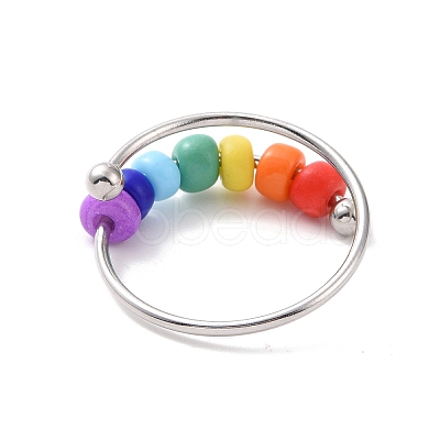 Rainbow Color Glass Beaded Rotating Open Cuff Ring RJEW-F127-01P-1