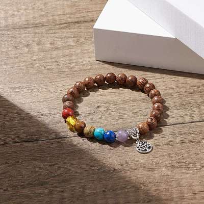 Natural Wood & Gemstone Round Beaded Stretch Bracelet with Alloy Tree Charm BJEW-JB08100-1