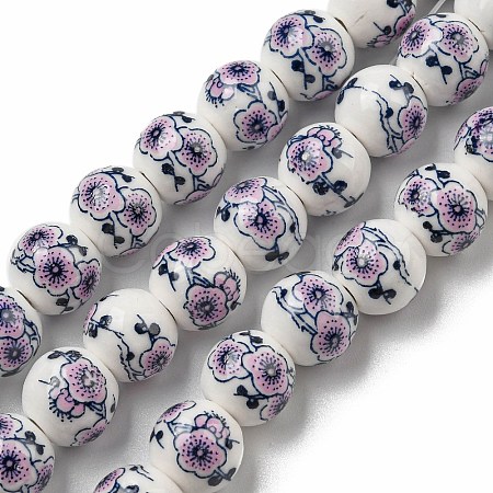 Handmade Flower Printed Porcelain Ceramic Beads Strands PORC-M007-10mm-05-1