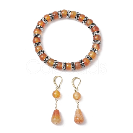 Natural Carnelian & Crackle Agate Beads Earring & Bracelets Set SJEW-JS01309-1