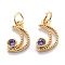 Real 18K Gold Plated Brass Micro Pave Cubic Zirconia Charms, with Jump Ring, Long-Lasting Plated, Moon, Purple, 12x7.5x2.5mm, Jump Ring: 5x0.7mm, 3.6mm inner diameter