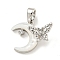 Brass Micro Pave Clear Cubic Zirconia Pendants, with Shell, Moon with Butterfly, Platinum, 12x17x5mm, Hole: 4x2mm