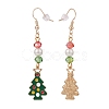 Enamel Christmas Tree with Glass Pearl Dangle Earrings EJEW-JE04961-04-3