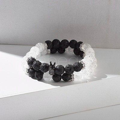 Natural Crackle Quartz & Lava Rock Round Beads Stretch Bracelets Set BJEW-JB07205-1