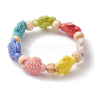 Beach Tortoise Handmade Procelain & Wood Round Beaded Stretch Bracelets BJEW-JB10299-02-1