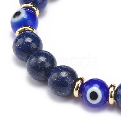 Natural Lapis Lazuli(Dyed) & Lampwork Evil Eye Round Beaded Stretch Bracelet BJEW-JB08713-05-1