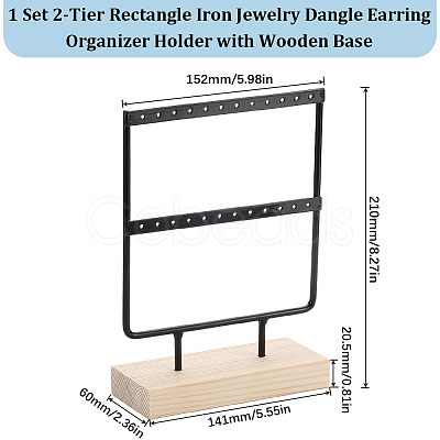 SUNNYCLUE 1 Set 2-Tier Rectangle Iron Jewelry Dangle Earring Organizer Holder with Wooden Base EDIS-SC0001-08A-1