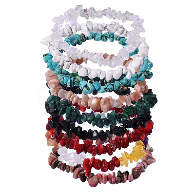 3 Sets 3 Styles Natural Citrine & Aventurine & Amethyst & Lapis Lazuli & Quartz Crystal & Amazonite & Sunstone & Howlite & Synthetic Coral & Malachite Chip Beaded Stretch Bracelets Sets BJEW-SZ0001-32-1