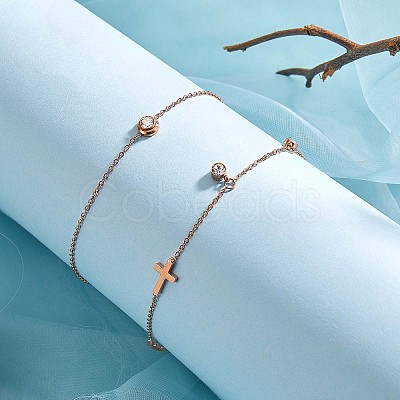 2Pcs 2 Style Flat Round Cubic Zirconia Charm Anklet with Cross JA195A-1