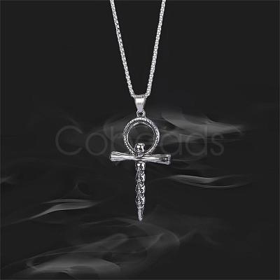 Skull Cross Pendant Necklace Vintage Titanium Steel Ankh Necklace Charm Neck Chain Jewelry Gift for Women Men Birthday Easter Thanksgiving Day JN1110A-1