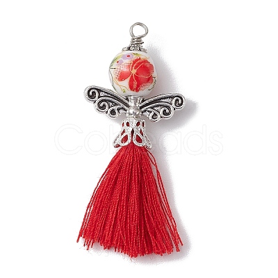 Porcelain Beaded with Polycotton Tassel Big Pendants PALLOY-JF02986-01-1