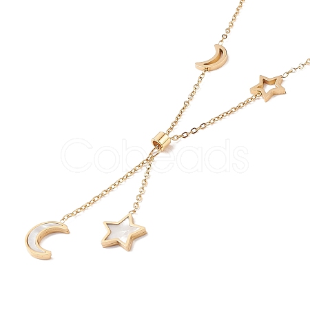 Resin Shell Star and Moon Pendant Lariat Necklace NJEW-D296-14G-1
