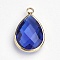 Glass Pendants, with Brass Findings, Faceted, teardrop, Golden, Blue, 22x14x6mm, Hole: 2mm