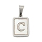 304 Stainless Steel Pave Natural White Shell Pendants, Rectangle with Letter Charms, Stainless Steel Color, Letter C, 17.5x12x1.5mm, Hole: 6x3mm