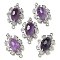 Natural Amethyst Faceted Oval Connector Charms, Rack Plating Brass Micro Pave Clear Cubic Zirconia Flower Links, Platinum, 25.5x16x7mm, Hole: 1.2mm